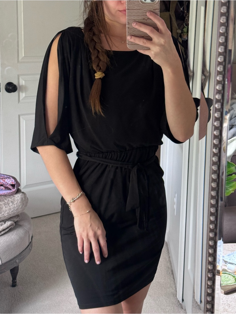 Jessica Simpson Black Split-Sleeve Tie-Waist Mini Dress